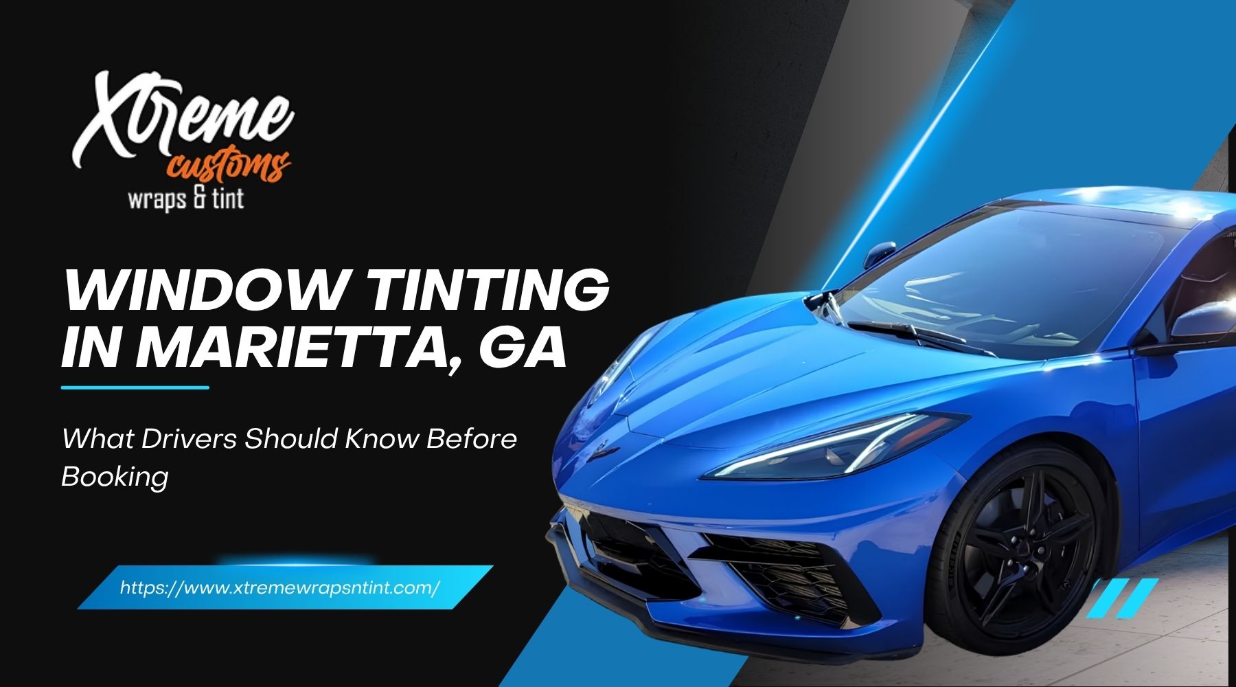 Blue sports car with dark window tint at Xtreme Customs Wraps & Tint in Marietta, GA