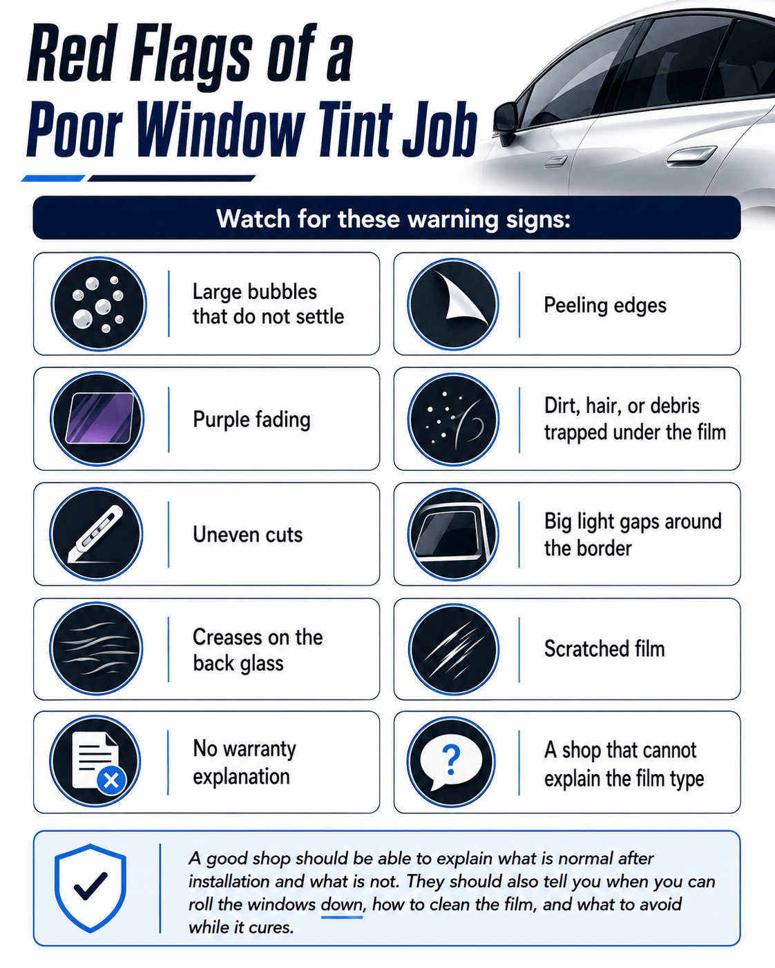 Infographic showing red flags of a poor window tint job, including bubbles, peeling edges, uneven cuts, trapped debris, and scratched film