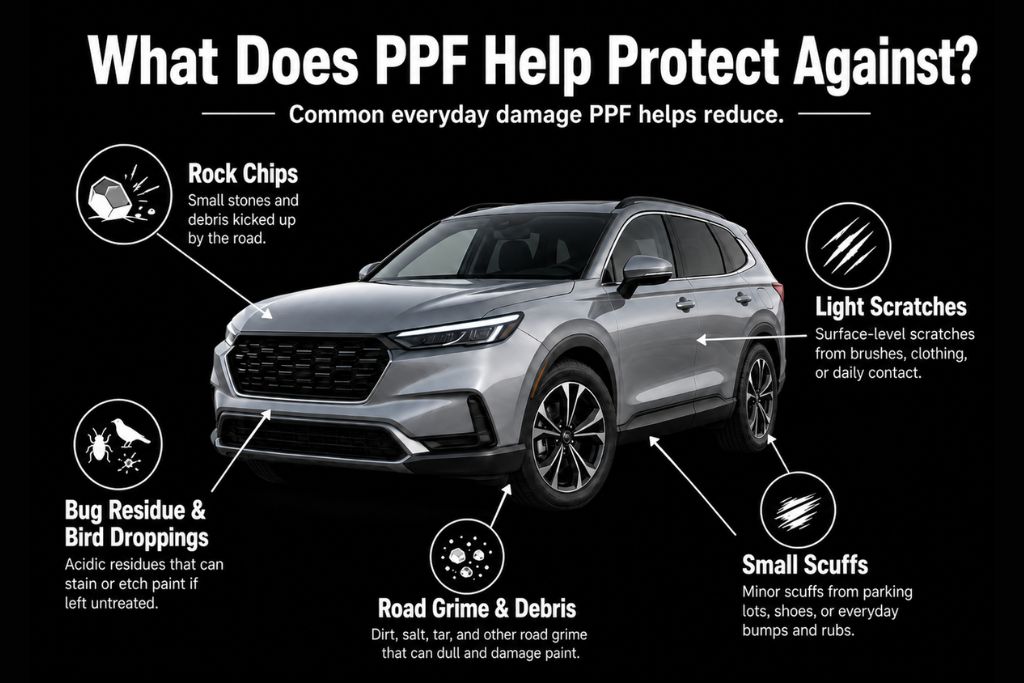 Infographic showing how paint protection film helps protect a vehicle from rock chips, light scratches, bug residue, bird droppings, road grime, debris, and small scuffs
