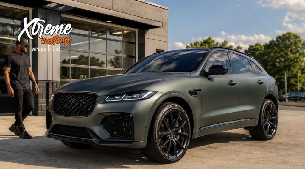 Wrapped luxury SUV outside a shop with text about car wraps in Marietta, GA, including cost, options, and what to expect