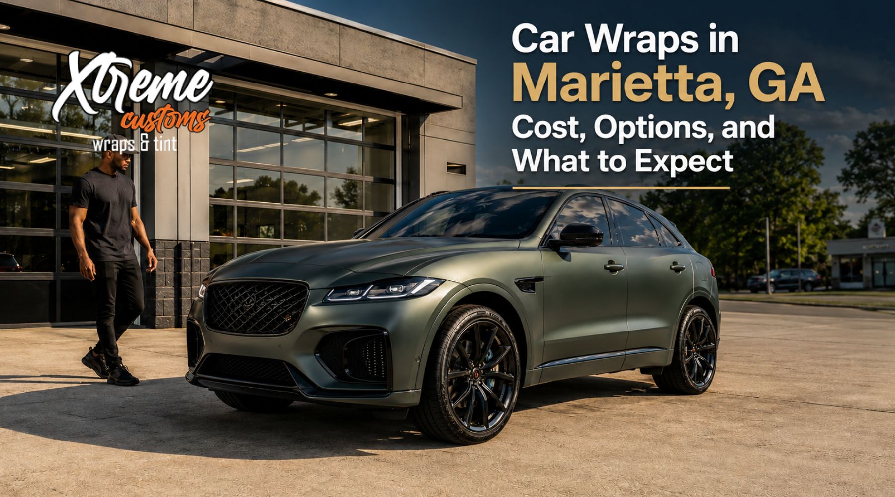 Wrapped luxury SUV outside a shop with text about car wraps in Marietta, GA, including cost, options, and what to expect