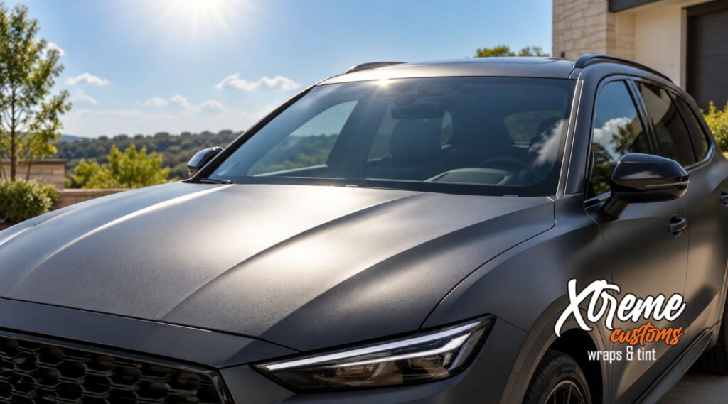 Matte gray SUV parked in bright Georgia sunlight, illustrating how heat, UV exposure, and outdoor conditions affect vehicle wrap lifespan.