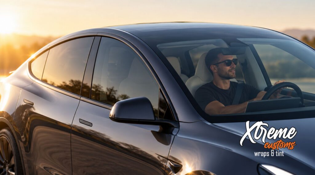Tesla with professionally tinted windows driving in bright sunlight to illustrate heat and glare reduction for drivers in Marietta, GA.