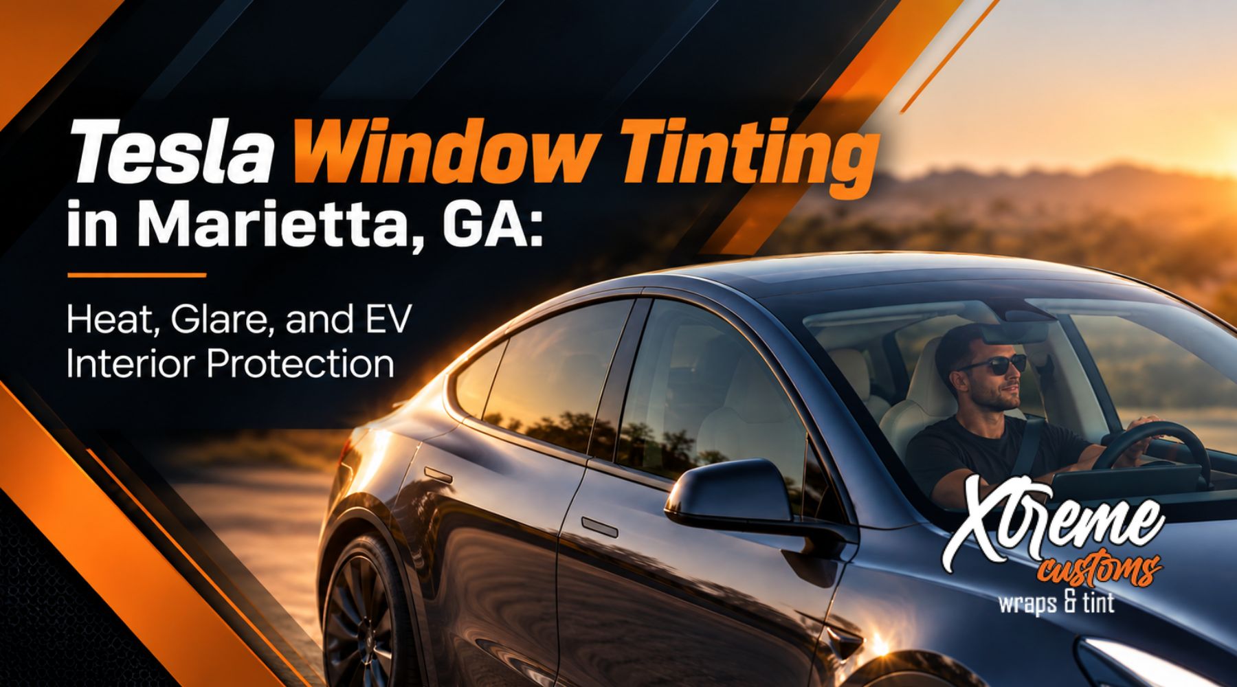Tesla with professionally tinted windows driving in bright sunlight to illustrate heat and glare reduction for drivers in Marietta, GA.